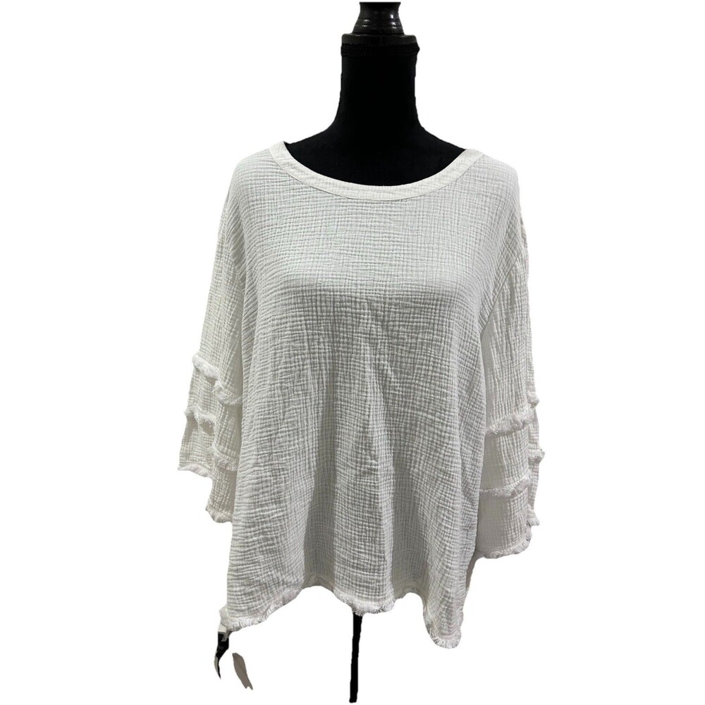 Joie Women 2X White Gauze 100% Cotton Pullover Blouse 3/4 Sleeve Boho